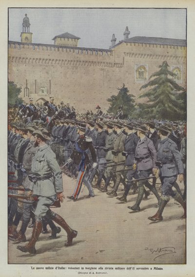 De nieuwe milities van Italië, vrijwilligers in burgerkleding bij de militaire parade van 2 november in Milaan door Achille Beltrame