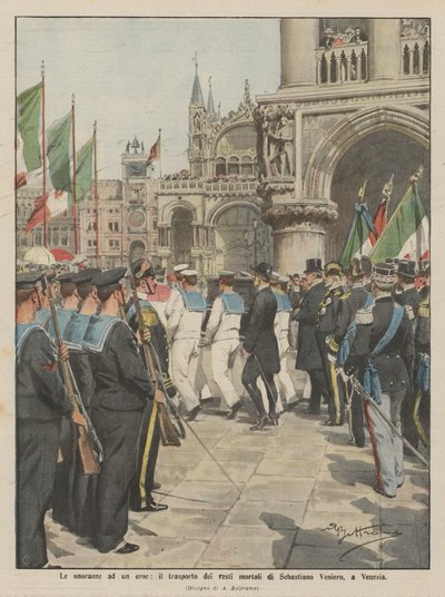 De eerbetuigingen aan een held, het transport van de stoffelijke resten van Sebastiano Veniero, in Venetië door Achille Beltrame