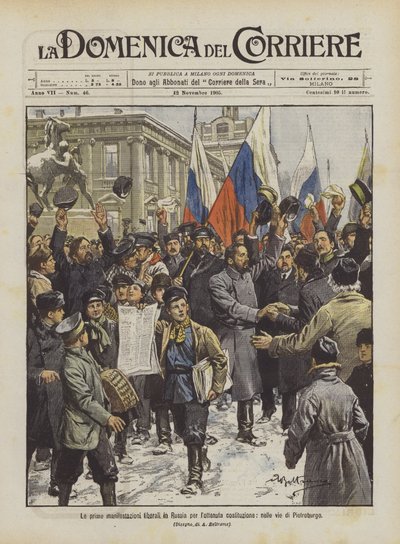 De eerste liberale demonstraties in Rusland voor de grondwet, in de straten van Sint-Petersburg door Achille Beltrame