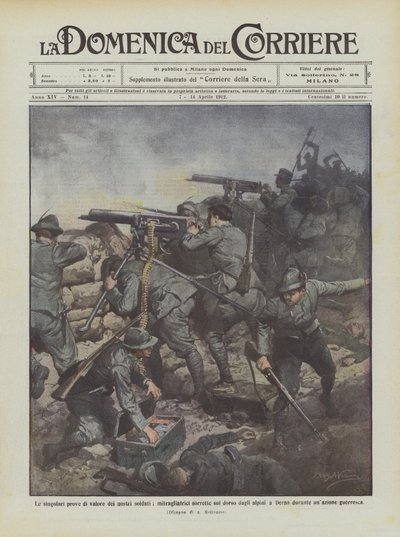 De bijzondere dapperheidsproeven van onze soldaten, machinegeweren ondersteund op de rug door de alpini ? door Achille Beltrame