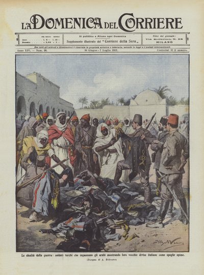 De ontrouw van de oorlog, Turkse soldaten die de Arabieren misleiden door hen oude uniformen te tonen door Achille Beltrame