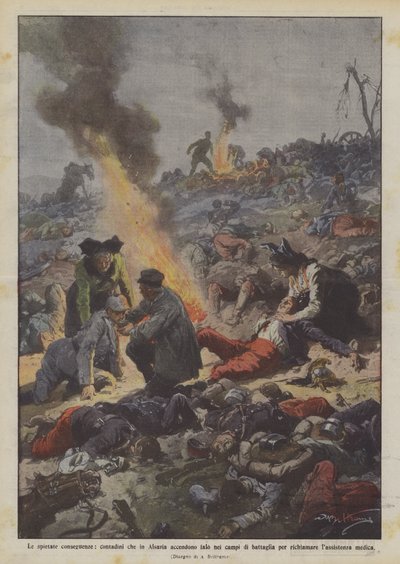 De meedogenloze gevolgen, boeren in de Elzas die vuren aansteken op de slagvelden door Achille Beltrame