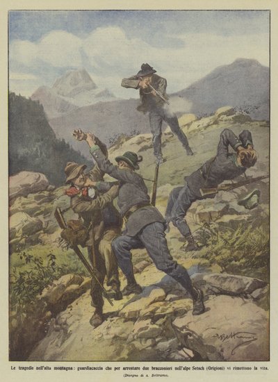 De tragedies in de hoge bergen, jachtopziener die twee stropers probeert te arresteren in de Alpen Setsch door Achille Beltrame