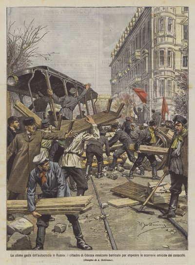De laatste daden van het autocratisch regime in Rusland, de burgers van Odessa bouwen barricades om te voorkomen door Achille Beltrame