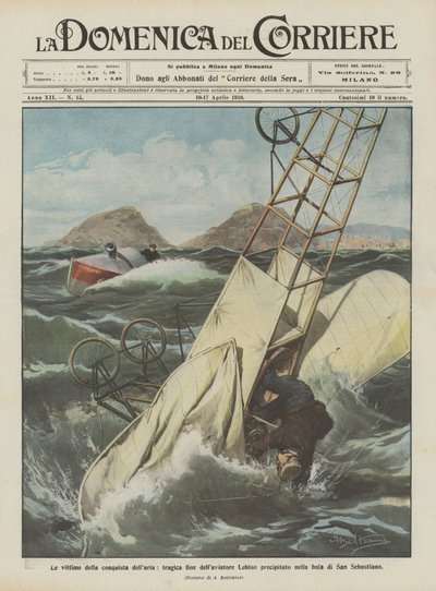 De slachtoffers van de verovering van de lucht, tragisch einde van de vliegenier Leblon die neerstortte in de baai van San Sebastian door Achille Beltrame