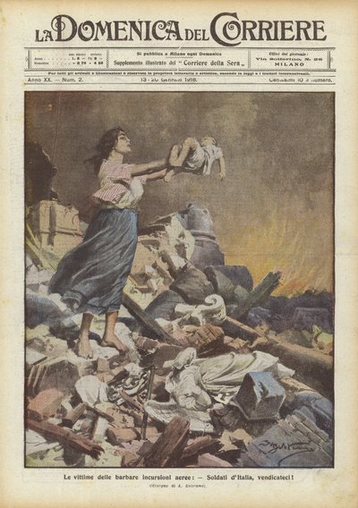 De slachtoffers van de barbaarse luchtaanvallen, Soldaten van Italië, wreek ons! door Achille Beltrame