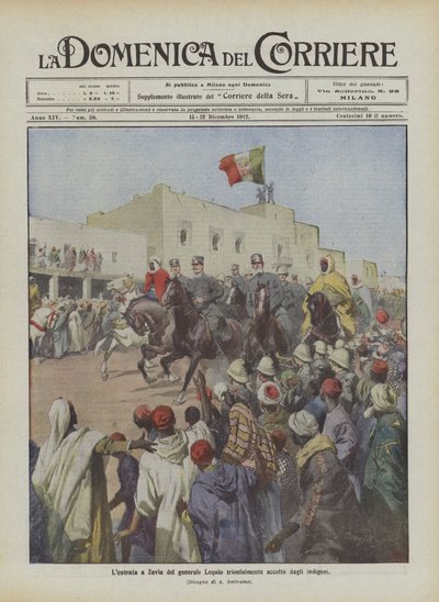 De triomfantelijke intocht van generaal Lequio in Zavia, verwelkomd door de inboorlingen door Achille Beltrame