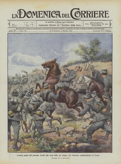 De heroïsche dood van generaal Torelli aan het hoofd van zijn troepen, in de overwinning bij Tecniz door Achille Beltrame