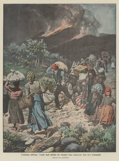De uitbarsting van de Etna, de exodus van de bewoners van de Etna-flank bedreigd door de oprukkende lava door Achille Beltrame