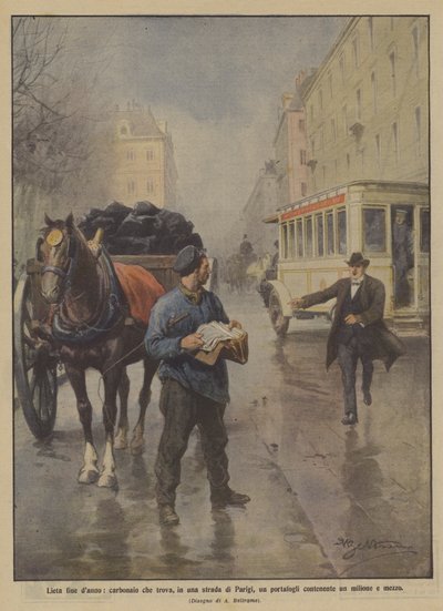 Gelukkig einde van het jaar, kolenbrander die op een straat in Parijs een portefeuille vindt met anderhalf miljoen door Achille Beltrame