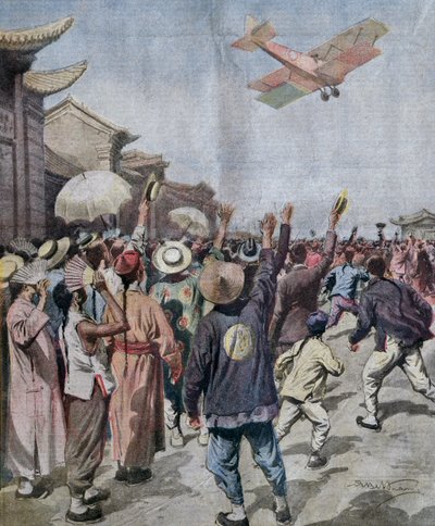 Luitenant Arturo Ferrarin, deelnemer aan Rome-Tokio raid, aankomst boven de lucht van Shanghai, illustratie door Achille Beltrame uit La Domenica del Corriere, 16 mei door Achille Beltrame