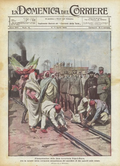 De inhuldiging van de spoorlijn Tripoli-Zuara, met de karakteristieke moslimceremonie door Achille Beltrame