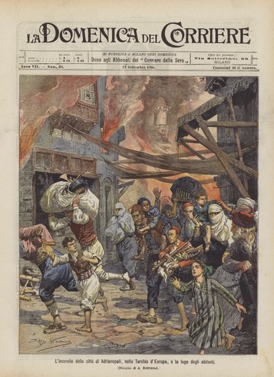 De brand in de stad Adrianopel, in Europees Turkije, en de vlucht van de inwoners door Achille Beltrame