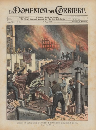 De brand in de Italiaanse wijk van San Francisco, Californië, dapper geblust met wijn door Achille Beltrame