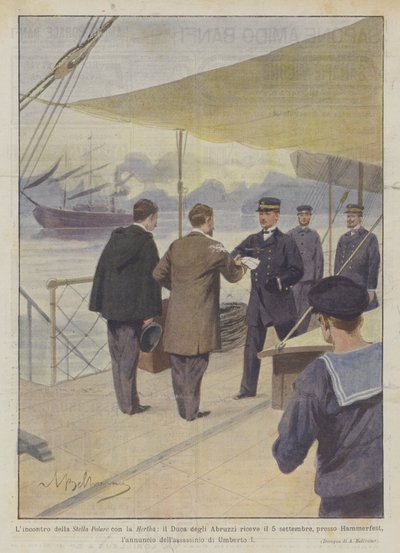 De ontmoeting van de Stella Polare met de Hertha, de hertog van de Abruzzi ontvangt op 5 september... door Achille Beltrame
