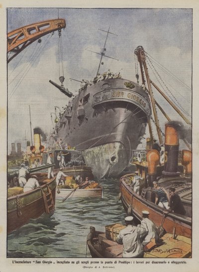 De kruiser San Giorgio vastgelopen op de rotsen bij de punt van Posillipo door Achille Beltrame
