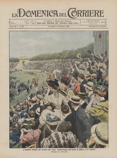 De triomfantelijke intocht van de winnaars van de Peking-Parijs raid in de Arena van Milaan, op de 16e van deze maand door Achille Beltrame