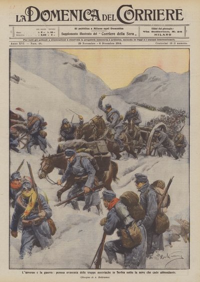 De winter en de oorlog, moeizame opmars van Oostenrijkse troepen in Servië onder zware sneeuwval door Achille Beltrame