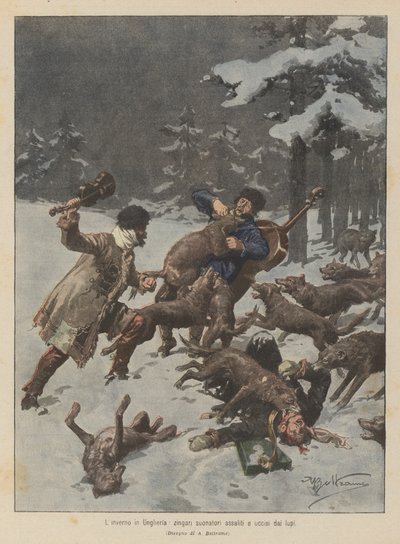 De winter in Hongarije, zigeunermuzikanten aangevallen en gedood door wolven door Achille Beltrame