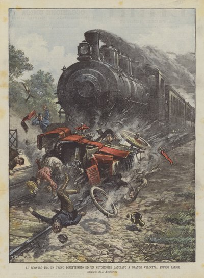 De botsing tussen een sneltrein en een auto die met hoge snelheid rijdt, bij Parijs door Achille Beltrame