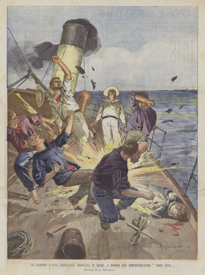 De Ontploffing van een Torpedo Gevonden in Zee, aan Boord van de Sleepboot John Bull door Achille Beltrame