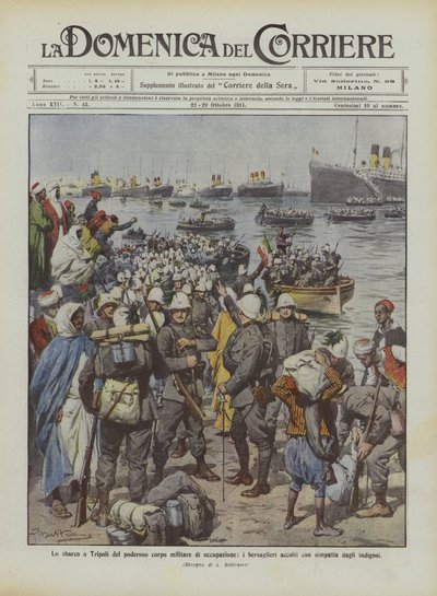 De landing in Tripoli van het machtige bezettingsleger, de bersaglieri verwelkomd door de inboorlingen door Achille Beltrame