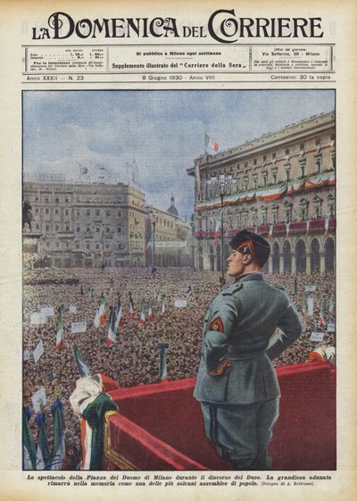 Het spektakel op het Piazza del Duomo in Milaan tijdens de toespraak van de Duce door Achille Beltrame