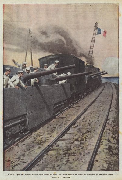 Het waakzame werk van de Italiaanse zeelieden aan de Adriatische kust, een bewapende trein verijdelt een poging door Achille Beltrame