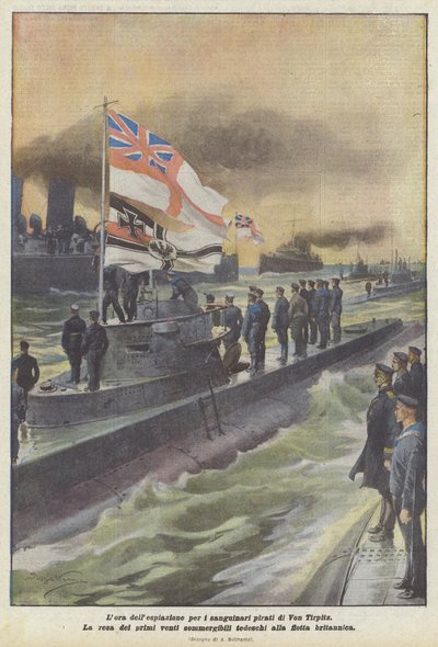 Het uur van boetedoening voor de bloeddorstige piraten van Von Tirpitz door Achille Beltrame