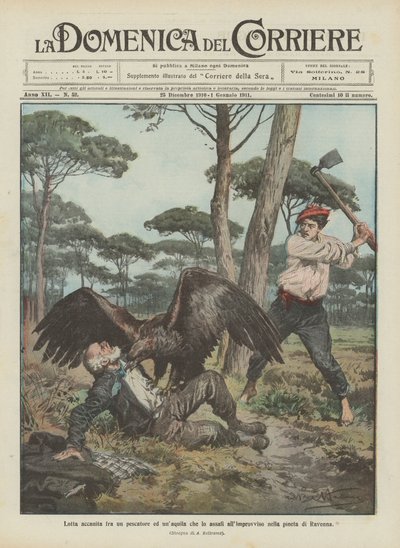 Hevige strijd tussen een visser en een adelaar die hem plotseling aanvalt in het dennenbos van Ravenna door Achille Beltrame