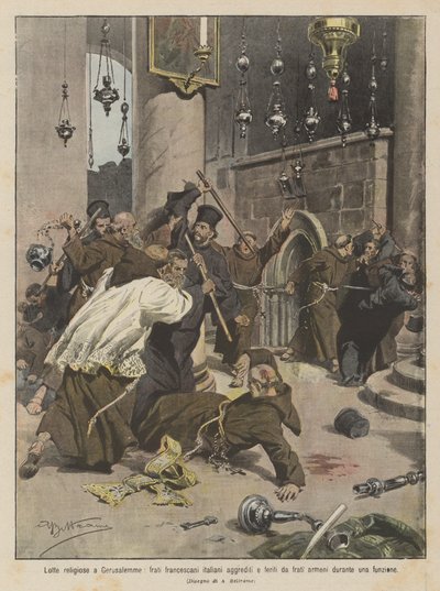 Religieuze gevechten in Jeruzalem, Italiaanse franciscaanse monniken aangevallen en gewond door Armeense monniken tijdens een ceremonie door Achille Beltrame