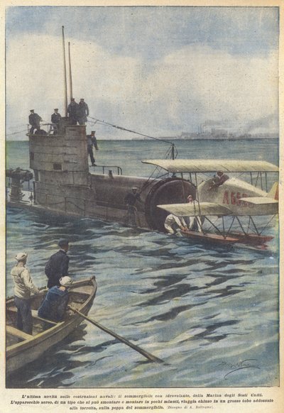 De laatste nieuwigheid in scheepsbouw, de onderzeeër met watervliegtuig, van de Amerikaanse marine door Achille Beltrame