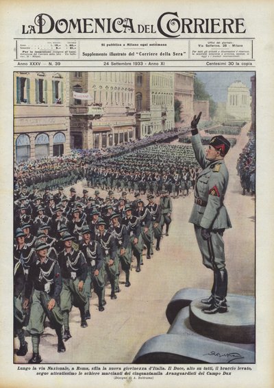 Langs de Via Nazionale, in Rome, marcheert de nieuwe jeugd van Italië door Achille Beltrame
