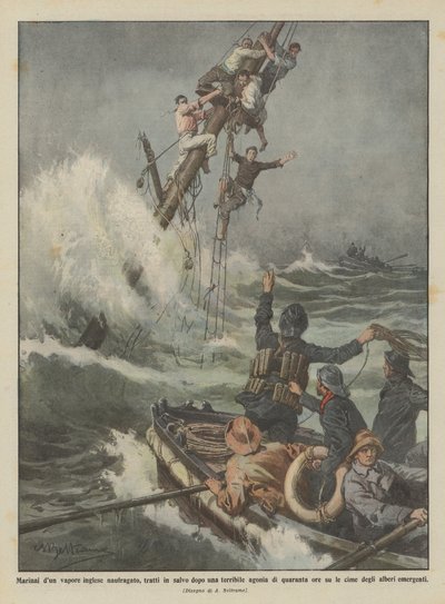 Zeelieden van een gezonken Engelse stoomboot gered na een verschrikkelijke beproeving van veertig uur door Achille Beltrame