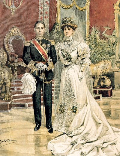 Huwelijk van koning Alfonso XIII van Spanje en prinses Ena van Battenberg, Achille Beltrame uit La Domenica del Corriere, 3 juni door Achille Beltrame