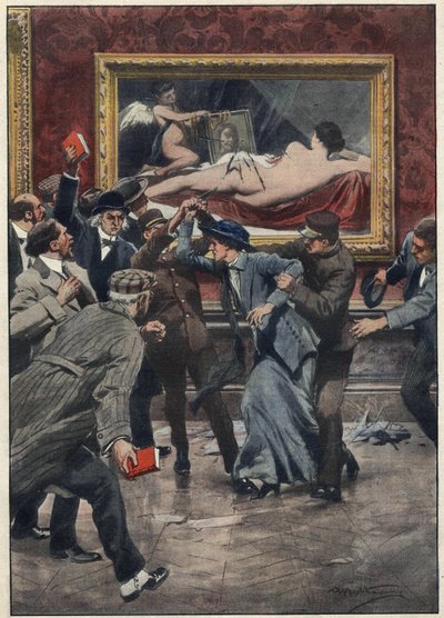 Mary Richardson, Canadese suffragette activist, snijdt met een mes het schilderij 