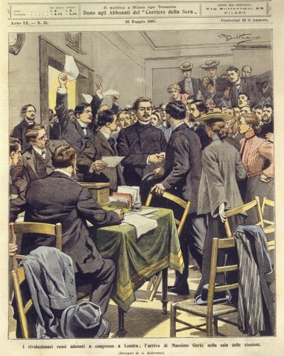 Aankomst van Maxim Gorky bij bijeenkomst van Russische revolutionairen in Londen door Achille Beltrame