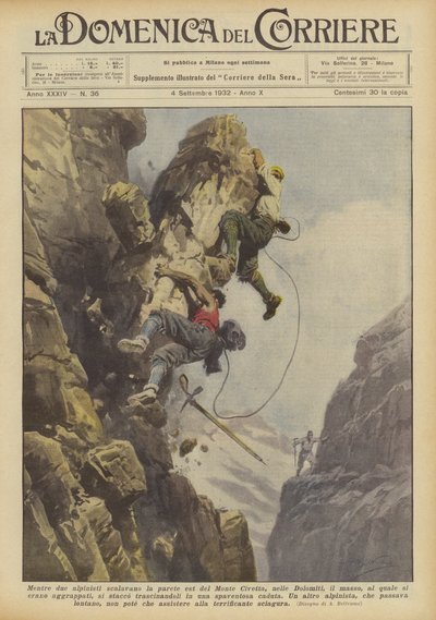 Terwijl twee alpinisten de oostelijke wand van de Monte Civetta in de Dolomieten beklommen, viel de rots door Achille Beltrame