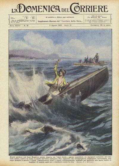 Tijdens het varen op het Lago Maggiore bij Angera, een pas gekochte speedboot door Achille Beltrame