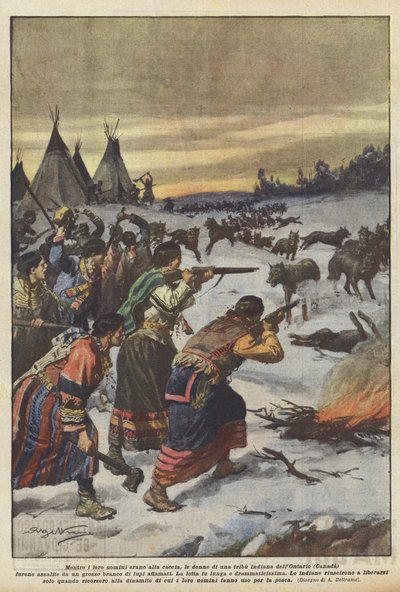 Terwijl hun mannen op jacht waren, werden de vrouwen van een Indiaanse stam in Ontario (Canada) ? door Achille Beltrame