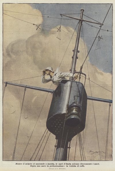 Terwijl de vijand zich verbergt of hinderlagen legt, varen de Italiaanse schepen vrij over de zeeën door Achille Beltrame