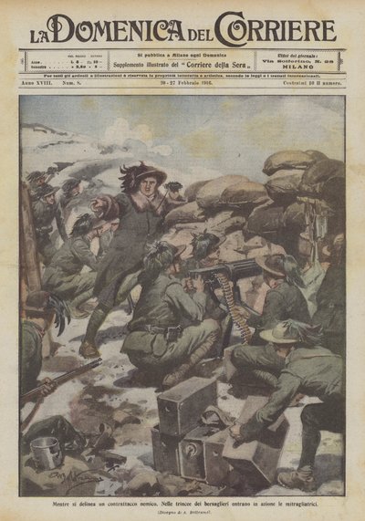 Terwijl een vijandelijke tegenaanval zich aftekent, komen de mitrailleurs in actie in de loopgraven van de bersaglieri door Achille Beltrame