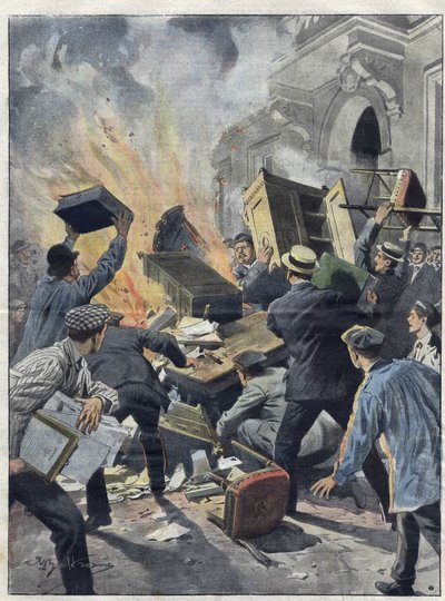 Midi-wijncrisis in 1907: wijnboeren steken het stadhuis van Béziers (Hérault) in brand. Illustratie van Achille Beltrame uit 1907. door Achille Beltrame