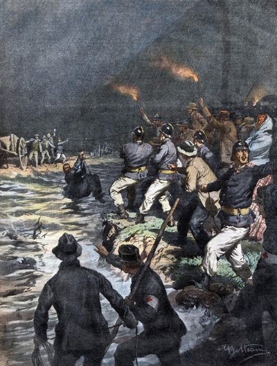 Wonderbaarlijke redding van voermannen geblokkeerd op een eiland in de rivier Serio nabij Bergamo - Illustratie van Beltrame in "La Domenica del Corriere" 10/1909 door Achille Beltrame