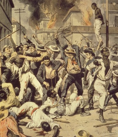 Menigte jaagt op zwarten in Springfield, Illinois, Achille Beltrame, uit La Domenica del Corriere, augustus 1908 door Achille Beltrame