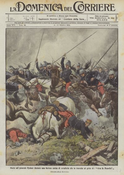 Dood van generaal Eydoux tijdens een woeste cavaleriecharge die hem overrompelde met de kreet, leve Frankrijk! door Achille Beltrame