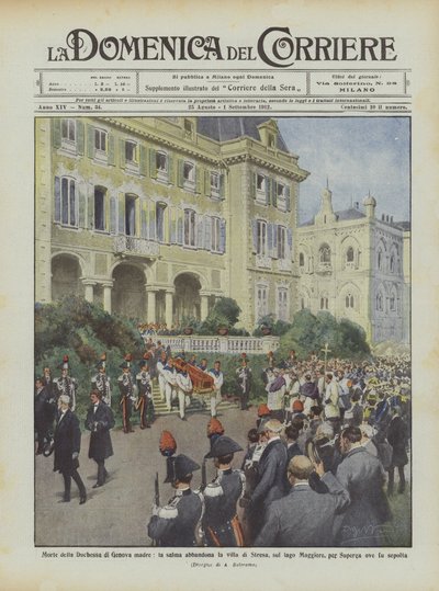 Dood van de hertogin van Genua, de moeder, het lichaam verlaat de villa van Stresa, aan het Lago Maggiore door Achille Beltrame