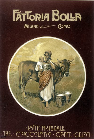 Moeder die haar baby koemelk laat drinken - Fattoria Bolla reclameposter door Achille Beltrame