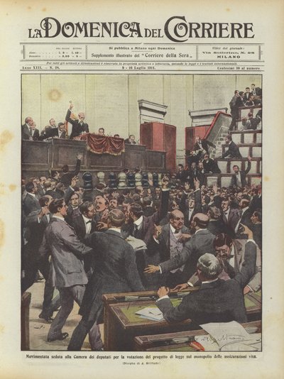 Bewogen zitting in de Kamer van Afgevaardigden voor de stemming over het wetsvoorstel inzake het monopolie door Achille Beltrame