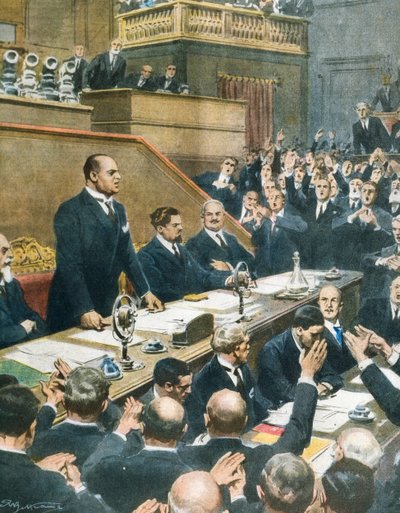Mussolini kondigt alliantie aan tussen vier westerse machten aan de Senaat, Achille Beltrame (1871-1945) uit La Domenica del Corriere, 7 juni door Achille Beltrame